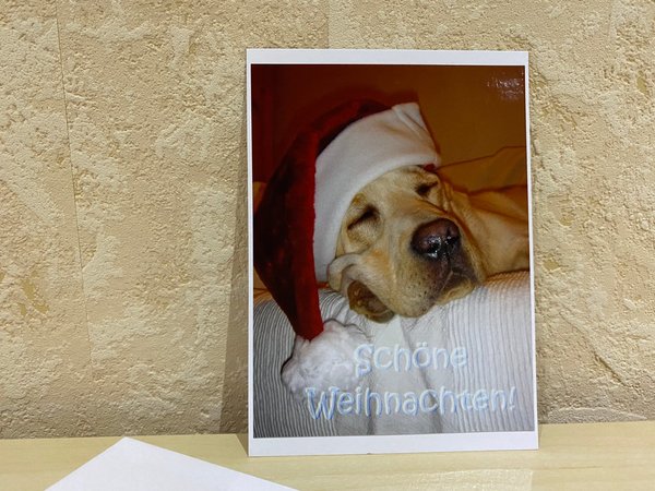 Weihnachtskarte "Labrador mit roter Mütze - Schöne Weihnachten"